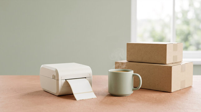 Shipping label printer with coffee mug and cardboard boxes on desk