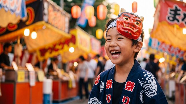 Happy Japanese boy wearing a traditional red Hannya mask and blue happi coat while laughing at a summer matsuri festival with food stalls and lanterns