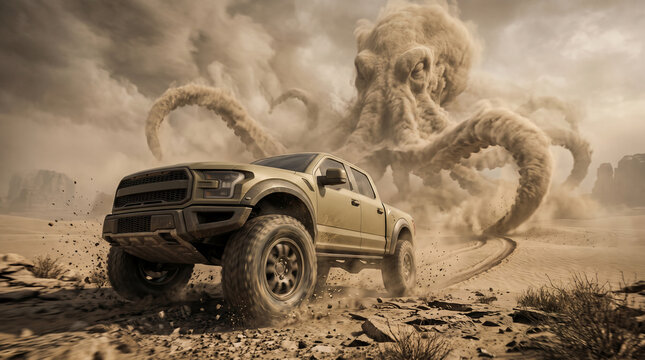 Truck driving through desert sandstorm with giant monster in background