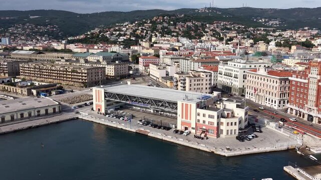 Drone shot of Maritime Station (Stazione Marittima) building, Trieste, Italy