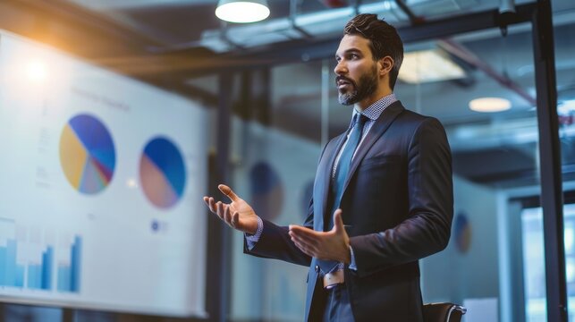 Manager stands before a large digital screen while explaining quarterly growth metrics to his team in the office.