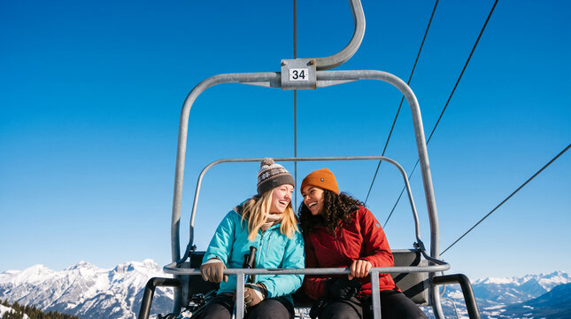 Two happy friends enjoying a scenic ski lift ride in the mountains