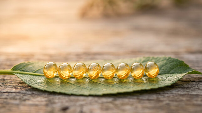 Transparent gel capsules arranged on a green leaf on weathered wood