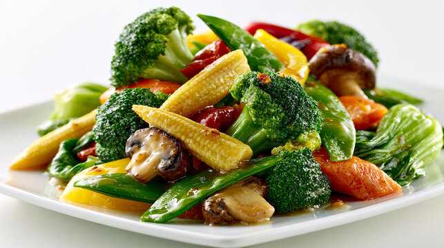 Premium Healthy Mixed Vegetable Stir Fry with Broccoli Baby Corn Mushrooms Bok Choy and Snow Peas on White Plate