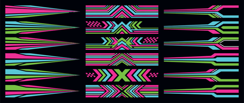 Futuristic racing stripes and vinyl car wrap decals set, neon geometric sports vehicle graphics in pink and lime green, 18 abstract automotive livery elements for speed and tuning.