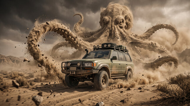 Off road vehicle navigating desert sandstorm with giant octopus emerging