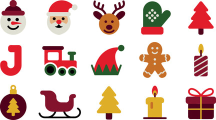 Fototapeta premium Christmas Flat Vector Icon Set with Santa Claus Reindeer Snowman Toy Train Sleigh and Festive Winter Holiday Celebration Elements