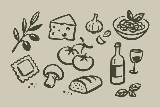 Italian Food Hand Drawn Vector Set Illustration