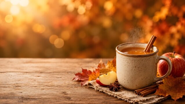 Cozy autumn apple cider in ceramic mug, steaming hot seasonal drink on rustic wooden table, fall beverage with cinnamon sticks and autumn leaves