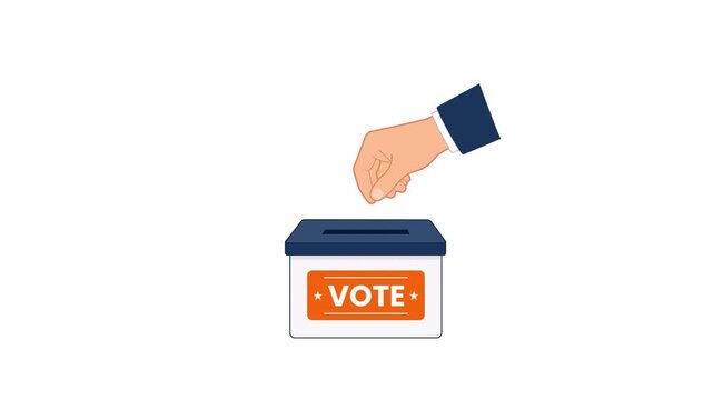 Flat 2D vector animation of a hand casting ballot into voting box with alpha channel and transparent background. Ideal for election, democracy and civic motion graphics.