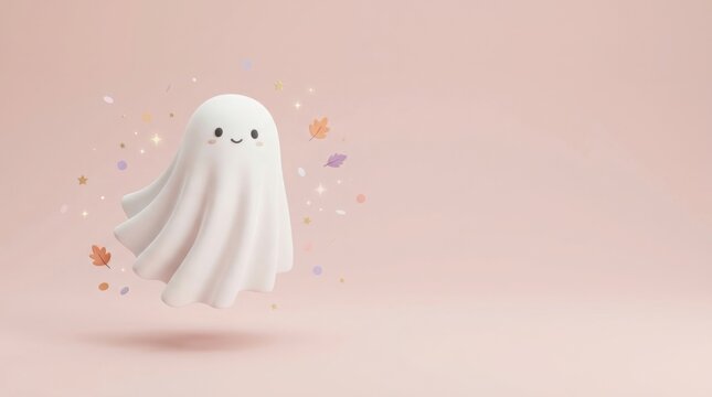 Halloween ghost decoration on pink background with trick or treat