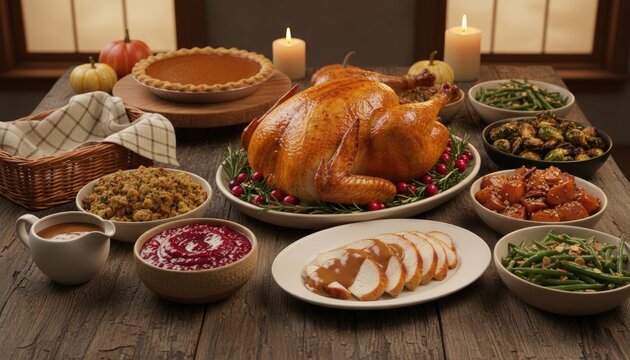 Roast turkey dinner on rustic table, traditional holiday feast with side dishes, warm cozy family meal setting