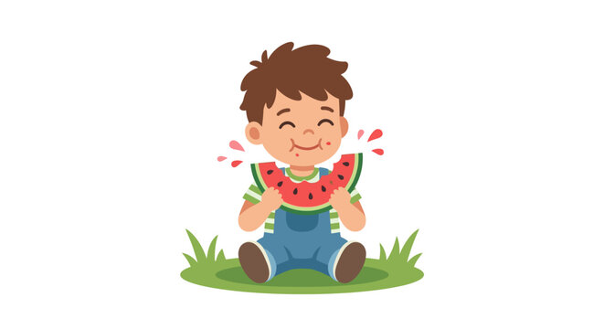 Happy little boy eating juicy watermelon slice outdoors on green grass patch flat vector illustration.