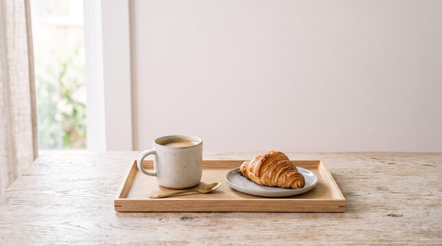 Coffee cup and croissant on wooden tray for breakfast