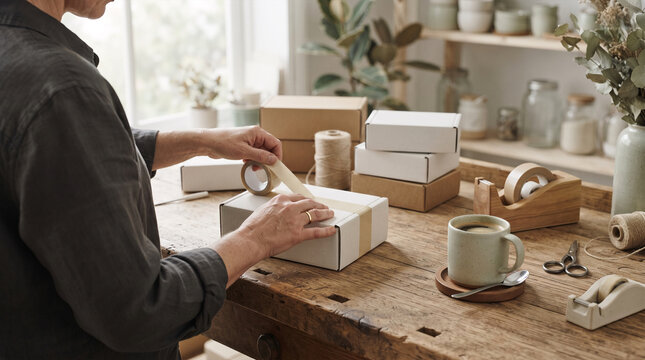 Person taping box on rustic wooden table with supplies and coffee