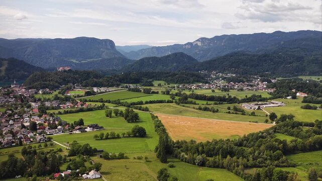 Drone shot of countryside landscape and mountain village near Bled, Slovenia