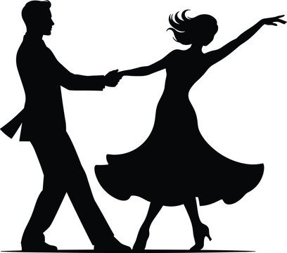 Elegant black silhouette of couple dancing ballroom in formal attire with graceful movement and flowing dress illustration