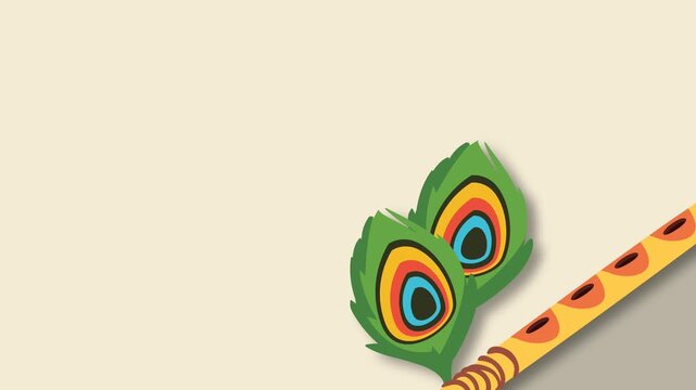Minimalist Krishna Janmashtami Background with Peacock Feathers and Flute.