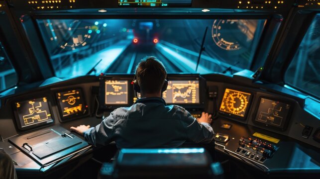Train operator steers the high speed locomotive through a dark subterranean subway tunnel while watching the track ahead.