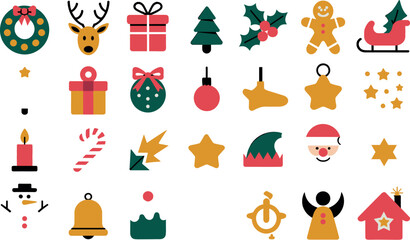 Fototapeta premium Christmas Holiday Flat Vector Icon Set with Reindeer Santa Claus Snowman Gingerbread Man Sleigh and Traditional Winter Celebration Elements