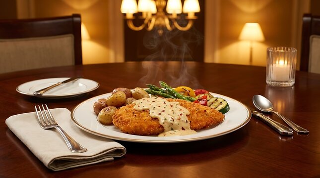 A delicious dinner plate with meat and vegetables served on a dark wooden table in a warm restaurant. spicy chicken romano