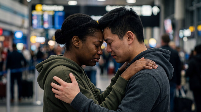 Diverse long distance young couple crying and saying goodbye forehead to forehead at airport departure terminal