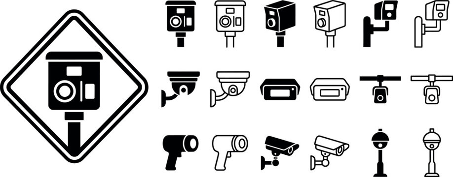 Speed camera icon set with 19 traffic enforcement vector elements. Surveillance camera symbols for road safety and police monitoring. Black and white security camera signs for urban design.
