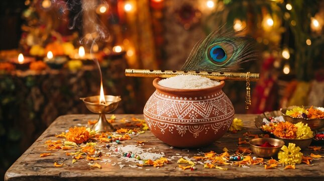 Janmashtami celebration with butter pot, golden flute, peacock feather and oil lamp.