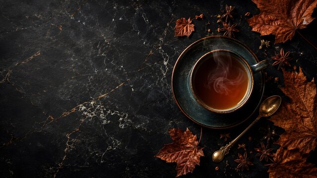 Autumn tea cup on black marble background, steaming hot beverage with fall leaves and spices, cozy seasonal drink flat lay with copy space