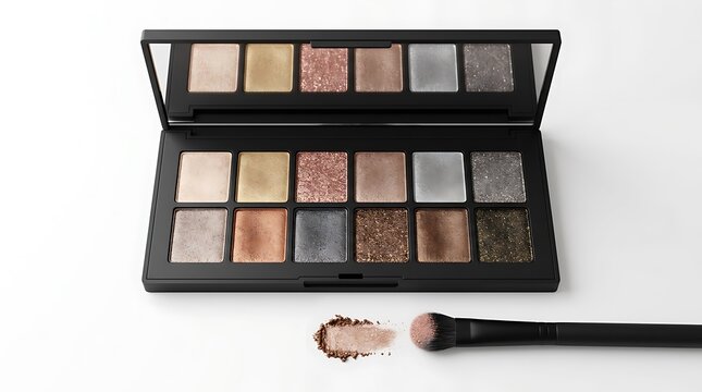 Open makeup eyeshadow palette with colorful cosmetic colors and a professional blending brush tool. shimmer eyeshadow tips