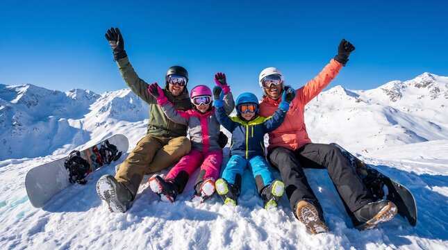 Happy family with young children cheering and sitting on a snowy mountain slope during winter snowboard holiday
