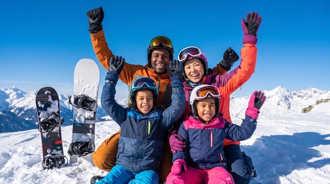 Happy diverse multiethnic family cheering together with snowboards on top of a snowy mountain peak in winter