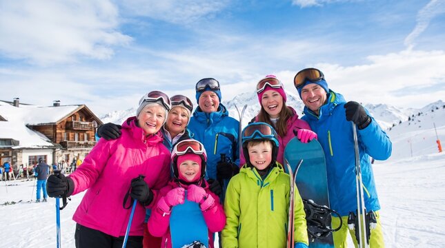 Happy large multigenerational family smiling together at a winter ski resort with snowboards and chalets