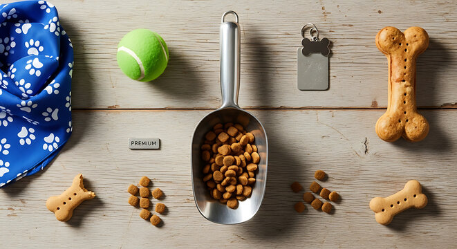 Flat lay arrangement of canine accessories and dry kibble food on wooden surface background with canine supplies