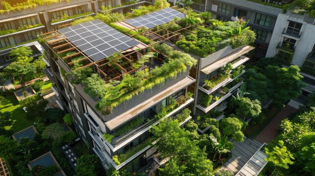 Eco-friendly apartment complex integrates photovoltaic solar arrays with dense rooftop vegetation for sustainable urban development.