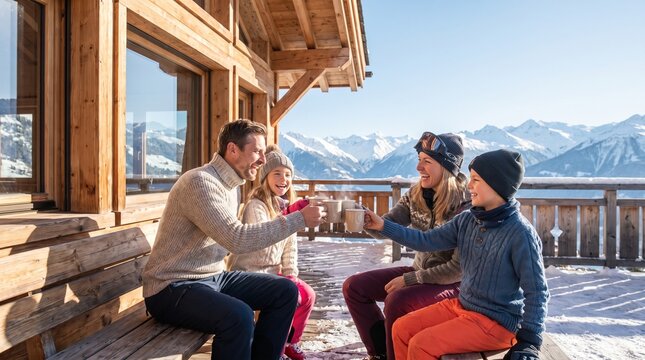 Happy beautiful family clinking cups and laughing together on a wooden balcony outside a winter ski chalet