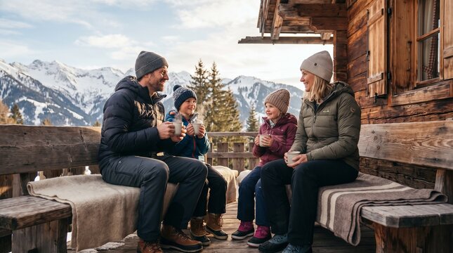 Happy beautiful family drinking hot drinks on wooden bench at ski resort chalet balcony with mountain background