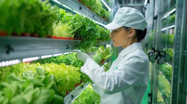 Agricultural scientist examines leafy greens growing in a high-tech vertical farming facility with automated lighting systems.