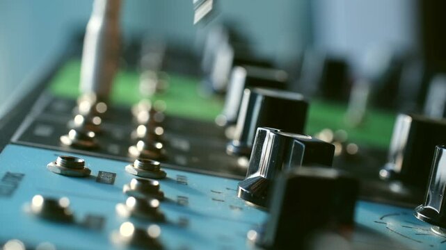 Close up sound engineer hand plugging white jack cable in input of professional audio mixing console, connecting equipment in recording studio or live event setup. 