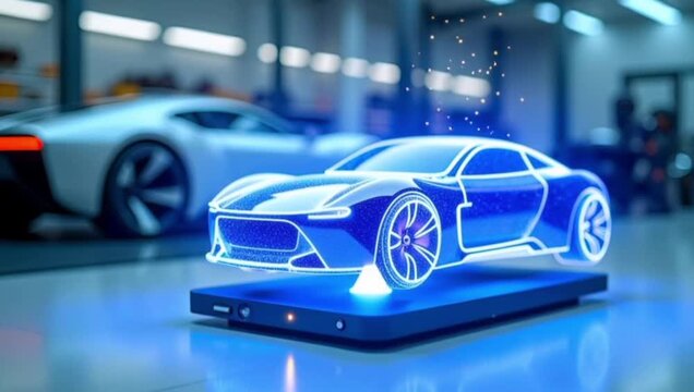 Futuristic blue 3D hologram of a sports car chassis rotating in a high-tech automotive laboratory