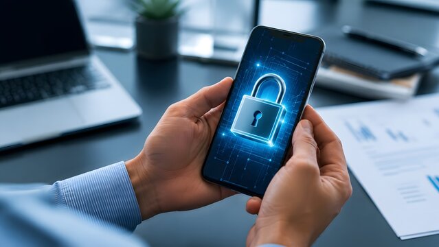 Cybersecurity mobile phone protection concept, businessman holding smartphone with digital padlock icon, secure data encryption and network safety