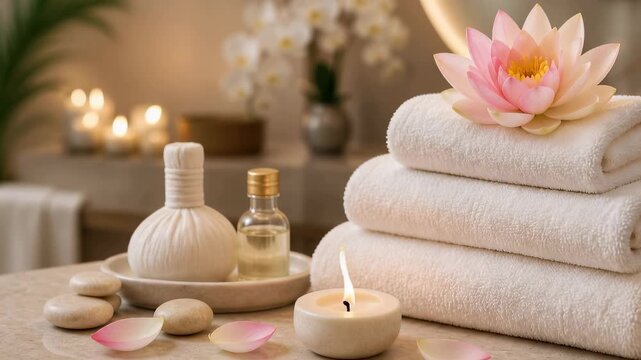 Spa wellness composition with stacked white towel, lotus flower, aromatherapy oil, herbal ball, zen stone and glowing candle. Relaxation treatment concept.