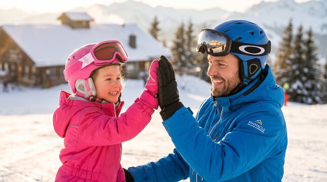 Happy father giving high five to his little daughter outside a cozy snow covered ski chalet during winter holiday