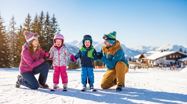 Happy parents teaching their young children how to ski on a sunny mountain slope during winter family resort holiday