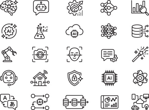 Modern Minimalist Icons Showcasing Diverse Artificial Intelligence Technologies and Digital Innovations in Clean Black and White Line Art Style