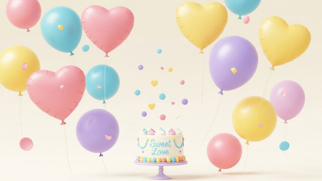 Minimalist 3d render of sweet love party celebration setup showing single tiered cake next to floating colorful heart shapes and round balloons isolated against plain soft off white background.