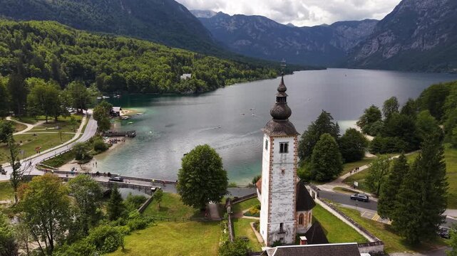 Lake Bohinj (Bohinjsko jezero) and Church of St John the Baptist, Slovenia