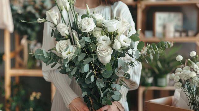 Florist holds a large bouquet of fresh white roses and eucalyptus stems while working inside a bright floral boutique shop.