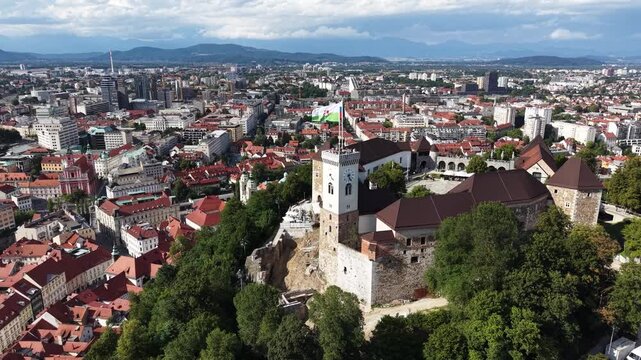Wide aerial panorama of Ljubljana Castle and old town skyline, Slovenia
