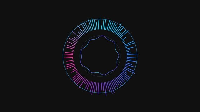 Audio spectrum analyzer with circular shape creating an abstract, futuristic sound wave animation.